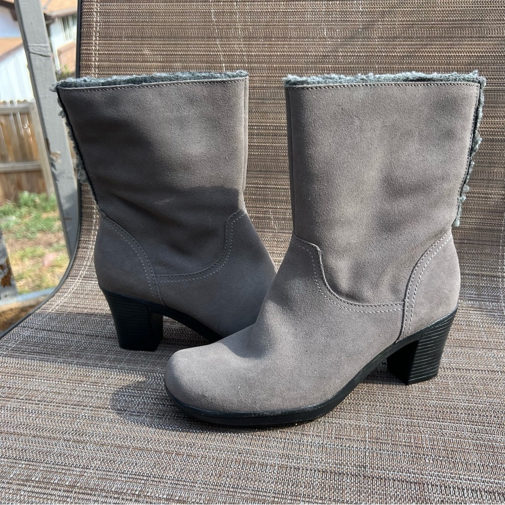 Clark’s gray leather suede mid calf heeled boot